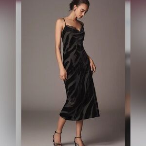 Anthropologie Slip Dress Women’s Small Cowl Neck Velvet Print Black O